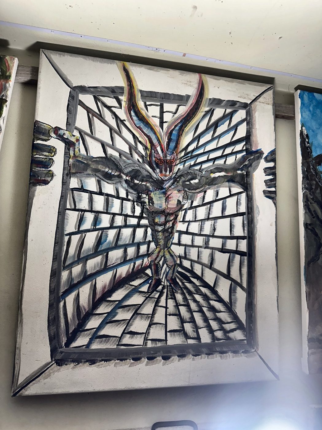 Acrylic painting of a perspective grid forming a dragon
