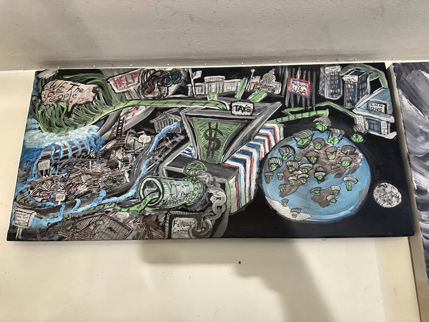Wide acrylic painting of a stylized world map