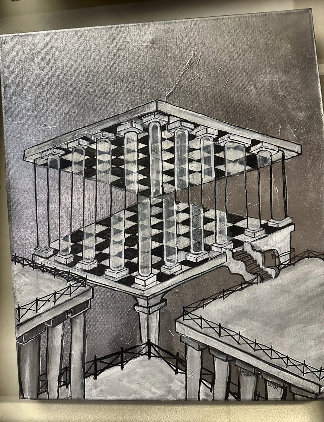 Acrylic painting of an impossible chessboard structure on stilts