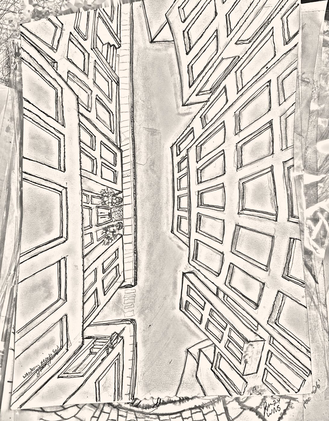 Pencil drawing of an impossible corridor of window frames receding two ways