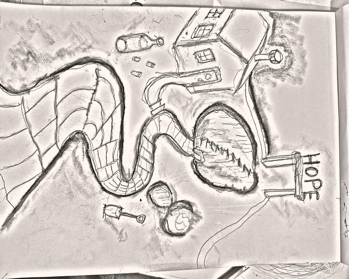 Pencil drawing of a winding road to a house on a hill with a sign reading HOPE