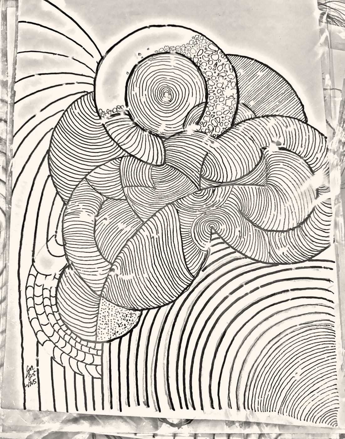 Multi-pencil drawing of overlapping spheres built from parallel contour lines